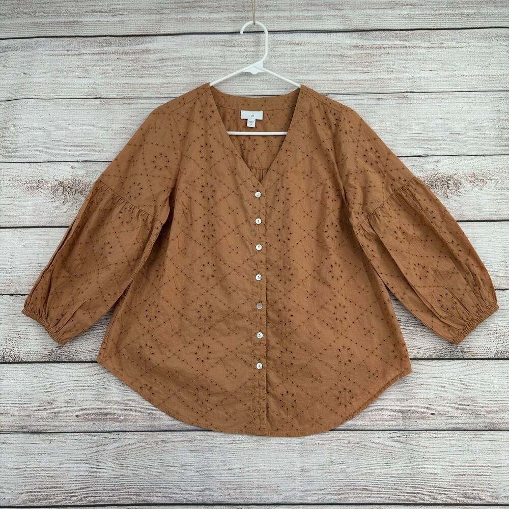 Eyelet Button-Front Brown Blouse - Balloon Sleeve, Boho, Capsule, Casual